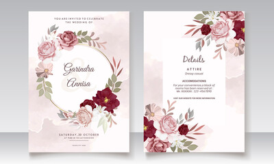 Fototapeta na wymiar Elegant wedding invitation card with beautiful maroon floral and leaves template Premium Vector