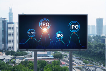 IPO icon hologram on road billboard over day time panorama city view of Kuala Lumpur. KL is the hub...