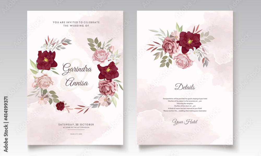 Sticker  Elegant wedding invitation card with beautiful  maroon  floral and leaves template Premium Vector - Stickers