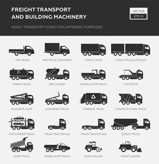 Freight transport and building machinery. Heavy transport icons for different purpose.  © Rimsky