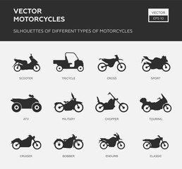 Set of different types of motorcycles. Vector icons. Flat style. Side view, profile. © Rimsky