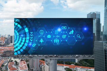 Research and development hologram on billboard over panorama city view of Singapore. The hub of new technologies to optimize business in Southeast Asia. Concept of exceeding opportunities.