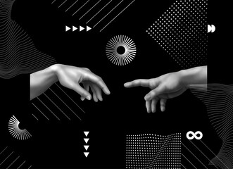 Creation of Adam. Contemporary art collage. Memphis style poster concept. Minimal art, 3d illustration.