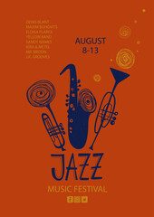 Colorful jazz poster with trumpets and saxophone.