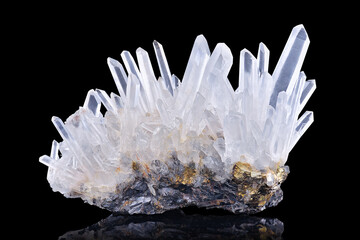 Amazing pure Quartz Crystal cluster gemstone closeup macro isolated on black background. Natural rare white mineral rough stone. Beautiful crystals arrangement