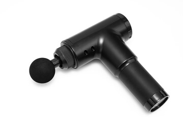 massage gun on a white background. medical-sports device helps to reduce muscle pain after training, helps to relieve fatigue, affects problem areas of body, improves condition of skin.