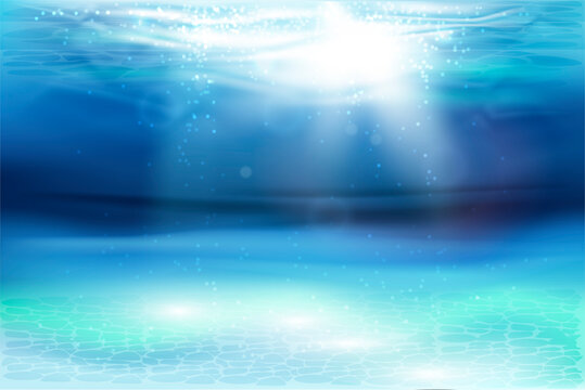 Vector illustration with deep underwater ocean scene. Sun rays penetrate the water column. Background . Realistic vector illustration