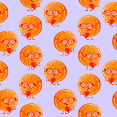 Seamless pattern with orange. Orange fruit character with glasses and heart in hands 