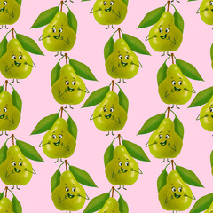 Seamless pattern with green pear on a pink background. Character joyful pear