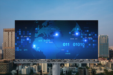 Glowing hologram of Earth planet map on billboard over aerial panoramic cityscape of Bangkok at sunset. The concept of international business in Southeast Asia.