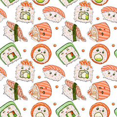 Seamless pattern with funny sushi and rolls