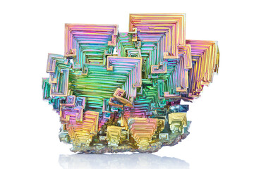 Amazing colorful shiny rainbow Bismuth Gemstone mineral macro closeup isolated on white background