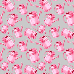 Pink watering can seamless pattern on a grey background