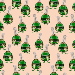 Seamless pattern with a bottle of sparkling wine. Character bottle