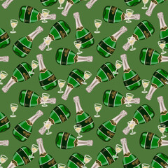 Seamless pattern with a bottle of sparkling wine.