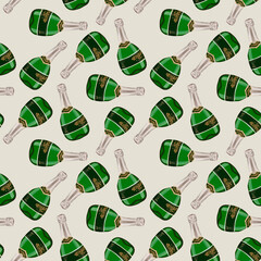 Seamless pattern with a bottle of sparkling wine.