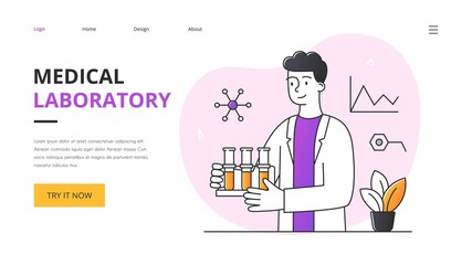 Scientific research concept with young male laboratory assistant or scientist holding test tubes with biological material. Outline flat vector illustration. Website, web page, landing page template