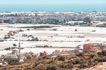 Aerial view of the industrial greenhouse with organic agricultural crop in Demre city, Turkey