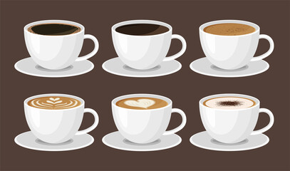 Hot coffee menu in white cups. Front view. Latte, cappuccino, americano, espresso, mocha, cocoa. Vector illustration.	
