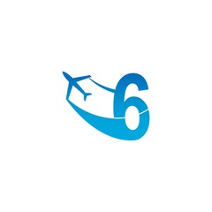 Number 6 with plane logo icon design vector illustration