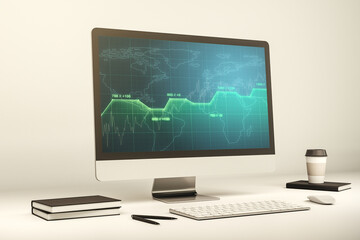 Computer monitor with abstract creative analytics data spreadsheet, analytics and analysis concept. 3D Rendering