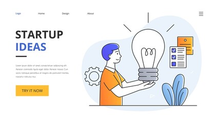 Startup abstract concept with young businessman holding light bulb in his hands. Outline flat minimal style cartoon vector illustration. Website, web page, landing page template