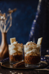 Valentine's Day vegetarian dessert - carrot cake with roasted almonds, white chocolate, cinnamon and mascarpone chesse