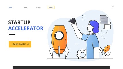 Startup accelerator abstract concept with young woman building a rocket. Outline flat minimal style vector illustration. Website, web page, landing page template