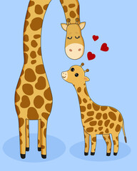 Vector cartoon card. Happy mother's day with giraffe family on pink background.