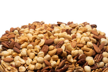 Mix of nuts isolated on white background. Top view.