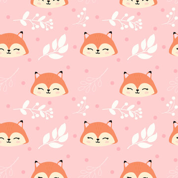 Seamless childish pattern with cute fox and plant branches.  Baby texture for fabric, wrapping, textile, wallpaper, clothing. Vector illustration
