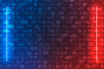 Neon light lamps on brick wall background. Red and blue abstract dark background.