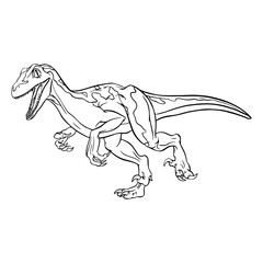 Fototapeta premium Velociraptor dinosaur cartoon linear sketch for coloring book isolated on white background. Vector clipart
