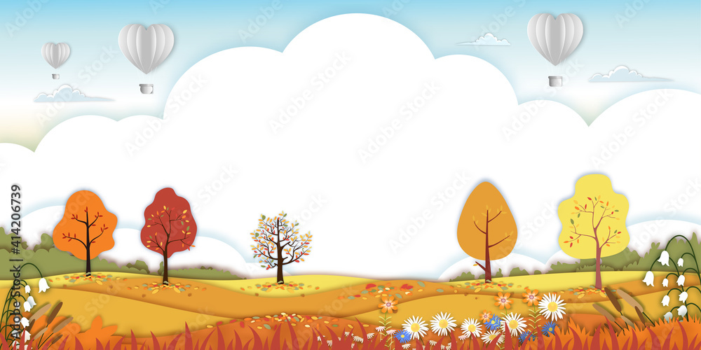 Wall mural Paper art Autumn landscape forest trees on hills,Paper cut mid autumn with sky and hot air balloons,Flat cartoon for banner in fall season background