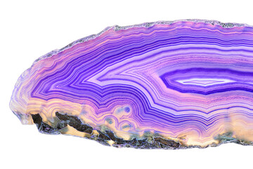 Amazing cross section of Violet Agate Crystal. Natural translucent agate crystal surface cut isolated on white background, Purple healing abstract structure slice mineral stone macro closeup