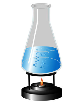 Glass Beaker Over A Burner. Laboratory Equipment Science Illustration Of A Fluid Bubbling Over A Flame.