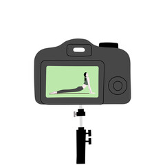 Video fitness blog vector handdrawn illustration. Woman character internet blogger making records with sport exercises to camera on tripod. Vlogging equipment. Isolated on white background.