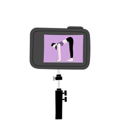 Video fitness blog vector handdrawn illustration. Woman character internet blogger making records with sport exercises to camera on tripod. Vlogging equipment. Isolated on white background.