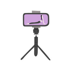 Video fitness blog vector handdrawn illustration. Woman character internet blogger making records with sport exercises to smartphone on tripod. Vlogging equipment. Isolated on white background.