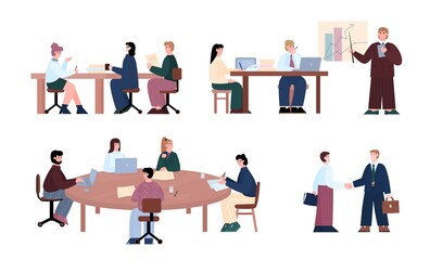 Business negotiations and conference set of characters, flat cartoon vector illustration isolated on white background. Groups of businessmen during negotiation meeting.