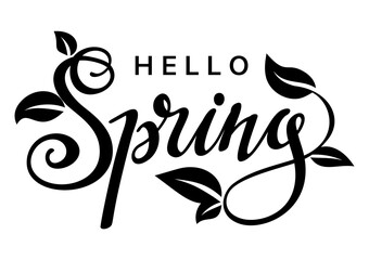 Obraz premium Hello spring lettering with leaves. Vector illustration