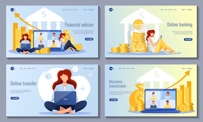 Set of web design. Women with laptop and phone, video conference on the screen. Freelance, finance, bank savings, profit concept. Vector illustration for poster, banner, website development.