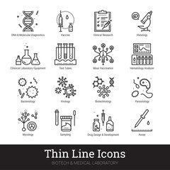 Viruses, bacterial infection, biotechnology, medical laboratory thin line icons. Vector set of high tech medicine science. Virology study, microbiology assay, genetics pictograms. Editable stroke.