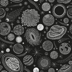 Space doodles pattern. Sketch space planets, hand drawn. vector seamless pattern  © Voitkova