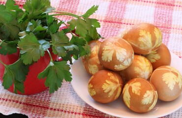 Easter eggs decorated with parsley leaves and onion peels. Decorating for Easter.