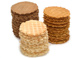 Stack of not sweet crispy wafers with different flavors isolated on white background
