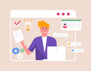 Concept of videoconference and online meeting workspace. Design template with business people taking, strategy planning, report, flyer, marketing, leaflet, advertising, brochure, modern style vector