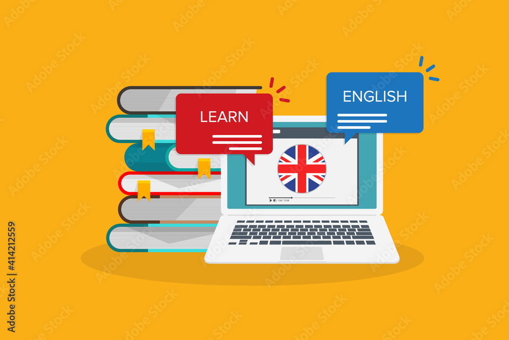 Wall mural learn english online on laptop computer. study, education of foreign language lesson. internet learn