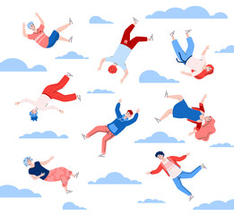 People floating and in the sky among clouds, cartoon vector illustration on white background. Young men and women in the sky as metaphor of dream and inspiration.