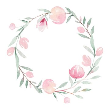 Spring bird on blooming branch with green leaves and flowers wreath. Watercolor wedding invitation card blossom painting. Hand drawn pink wreath design. Cherry isolated branch decoration.